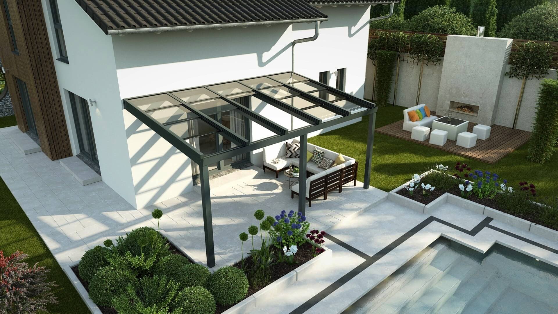Aluminium-Terrassendach mit VSG-Glas-Schiebedach-3,00 m-3,50 m-grau