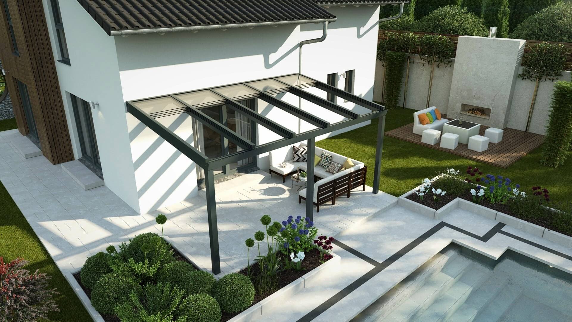 Aluminium-Terrassendach mit VSG-Glas-Schiebedach-7,00 m-4,00 m-grau
