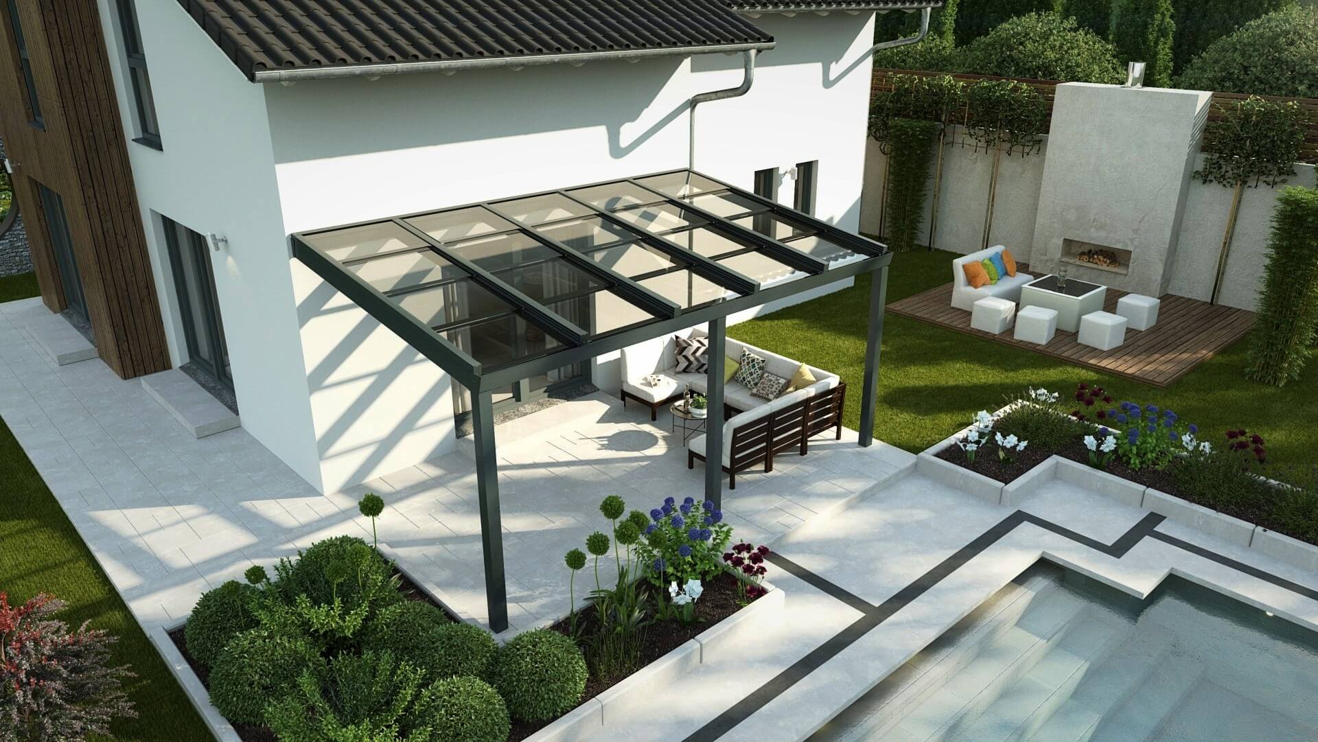 Aluminium-Terrassendach mit VSG-Glas-Schiebedach-3,00 m-3,50 m-grau